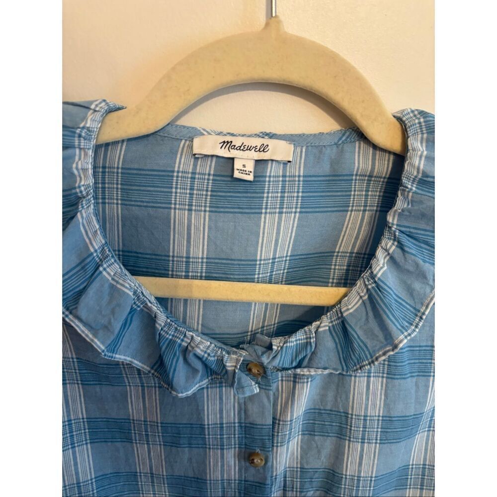 Madewell Colwell Plaid Ruffle Neck Blouse Small Blue Button Up Peasant Top Cotto - Picture 4 of 8